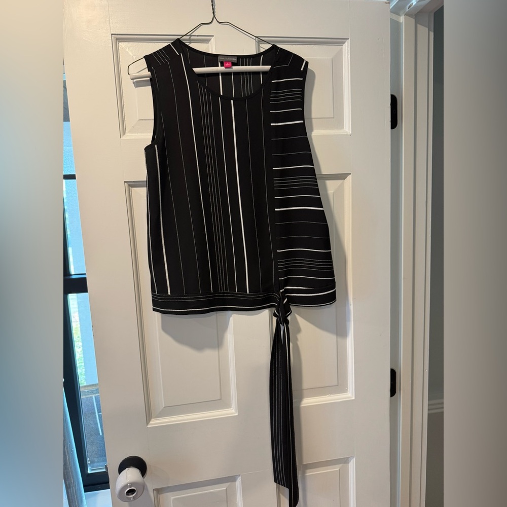 Vince Camuto Black and White Striped Sleeveless Top with Tie Detail.